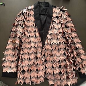 Metallic rose gold fringe blazer